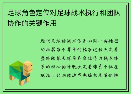 足球角色定位对足球战术执行和团队协作的关键作用